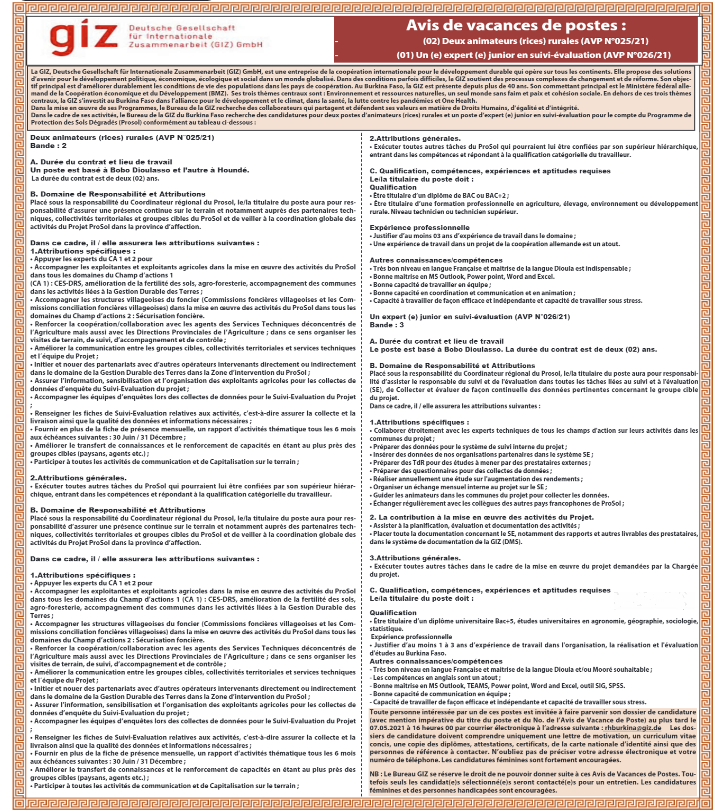 Recrutement de 02 Animateurs(trices) Rurales et 01 Expert(e) Junior en Suivi-Evaluation